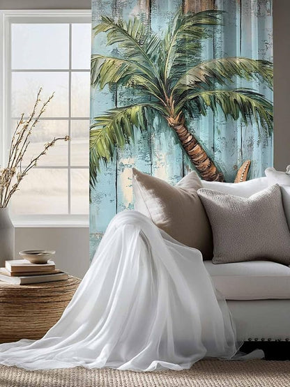 Sheer Curtains 63 Inch Length, Coastal Blue Green Tree Semi Sheer Curtains Light Filtering Window Treatment, Beach Tropical Vintage Wood Grain Privacy Voile Drapes for Living Room Bedroom 52x63 Inch