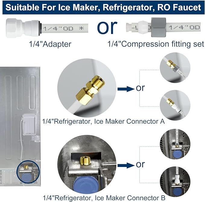 Refrigerator Water Line Kit Connection and 1/4 Compression Ice Maker Installation Kit,1/4" OD Tubing with Quick Connect for Fridge IceMaker RO Systems Water Filter Faucet,+Feed Water Adapetr 32.8ft