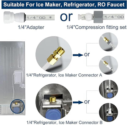 Refrigerator Water Line Kit Connection and 1/4 Compression Ice Maker Installation Kit,1/4" OD Tubing with Quick Connect for Fridge IceMaker RO Systems Water Filter Faucet,+Feed Water Adapetr 32.8ft