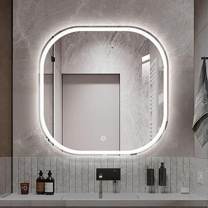 JSLJDM 500X500 mm Illuminated Backlit LED Bathroom Mirror, Wall Mounted Multifunction Bathroom Vanity Mirror with Lights and Demister Pad, Energy-Saving Illuminated Smart Mirror 70cm tricolorlight