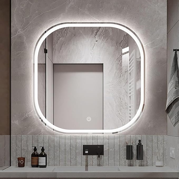 JSLJDM 500X500 mm Illuminated Backlit LED Bathroom Mirror, Wall Mounted Multifunction Bathroom Vanity Mirror with Lights and Demister Pad, Energy-Saving Illuminated Smart Mirror 50cm tricolorlight