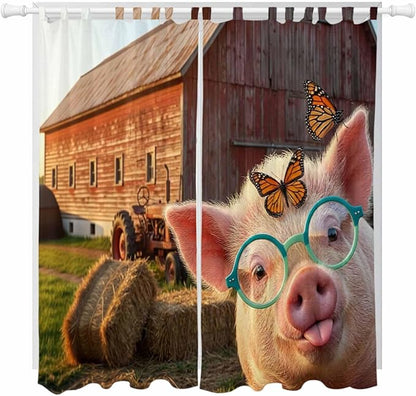 Farm Pig Living Room Curtains 84 Inch Length, Window Curtains Tab Top, Farmhouse Barn Funny Animals Butterfly Light Filtering Window Treatments Drapes 52"x84" 2 Panel