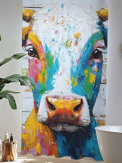 Sheer Curtains 108 Inches Long, Funny Colorful Cow Semi Sheer Curtains Light Filtering Window Treatment, Retro Rustic Oil Painting Wood Grain Privacy Voile Drapes for Living Room Bedroom 52x108 Inch