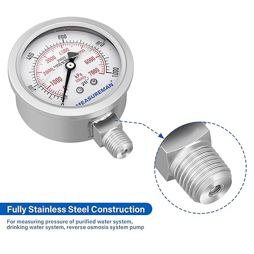 MEASUREMAN Pressure Gauge, 0-1000 PSI/kPa, Glycerin Filled, 1/4 NPT Lower Mount