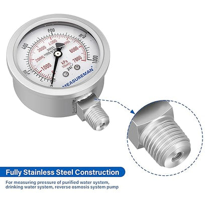 MEASUREMAN Pressure Gauge, 0-1000 PSI/kPa, Glycerin Filled, 1/4 NPT Lower Mount