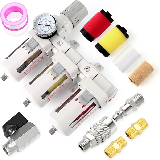 Industrial 1/2" NPT 3 Stage Air Drying System,Coalescing Filter, Particulate Filter and Air Regulator, Manual Drain for Air Tools and Spray Paint Gun