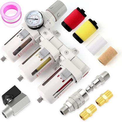Industrial 1/2" NPT 3 Stage Air Drying System,Coalescing Filter, Particulate Filter and Air Regulator, Manual Drain for Air Tools and Spray Paint Gun