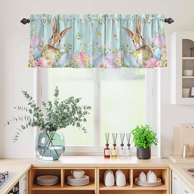 Kitchen Curtains Tiers and Valance Set of 3, Easter Light Filtering Window Curtain Set, Spring Rabbit Eggs Flowers Leaf Green Wooden Plank Rod Pocket Curtain Drapes for Living Room, 24 Inches Tiers