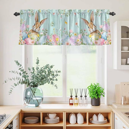 Kitchen Curtains Tiers and Valance Set of 3, Easter Light Filtering Window Curtain Set, Spring Rabbit Eggs Flowers Leaf Green Wooden Plank Rod Pocket Curtain Drapes for Living Room, 24 Inches Tiers