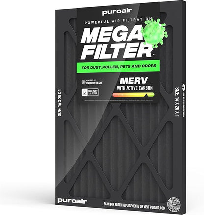 PuroAir MegaFilter - 14x20x1 Air Filter MERV 13 Activated CarbonTech Defense - Heavy Duty 3 Layer Furnace Filters Allergens, Pollen, Dust, Pet Dander, Smoke, Odors - HVAC Air Filter 14x20x1 (1-Pack)
