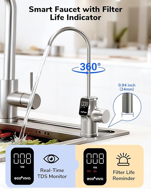 Ecoviva E8 800 GPD Reverse Osmosis Water Filter, 9-Stage Filtration RO System, Undersink Water Purifier, Reduces TDS, 2.5:1 Pure to Drain, Tankless, LED Smart Faucet