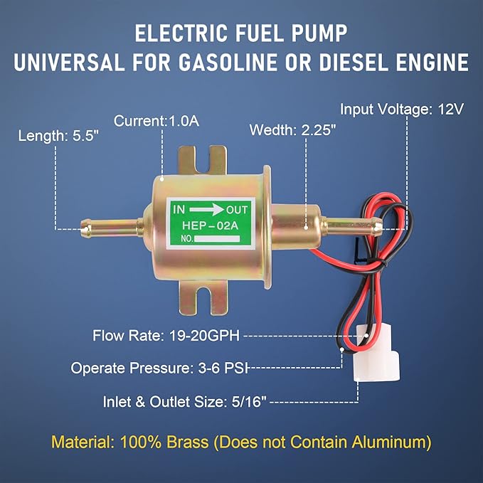 Universal Electric Fuel Pump Kit 12v 3-6 PSI Low Pressure with Fuel Filter 6.56 FT 5/16" ID Fuel Line Replacement For Carburetor Lawn Mower Gas Diesel Fuel Transfer Pump