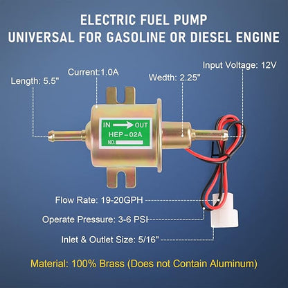 Universal Electric Fuel Pump Kit 12v 3-6 PSI Low Pressure with Fuel Filter 6.56 FT 5/16" ID Fuel Line Replacement For Carburetor Lawn Mower Gas Diesel Fuel Transfer Pump