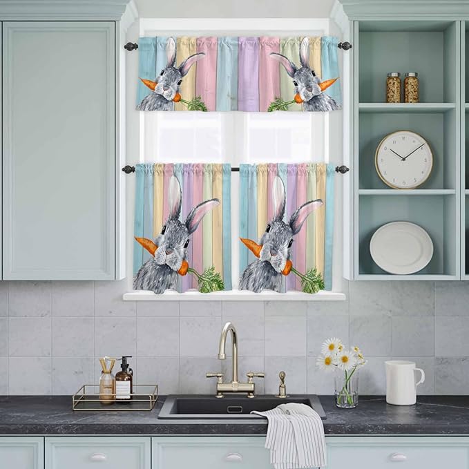 Easter Kitchen Curtain Set, Spring Grey Rabbit Carrots Colorful Wooden Plank Window Valance and Tiers 36" Length, Light Filtering Short Curtains Valance for Cafe Bathroom Bedroom 54"x18"