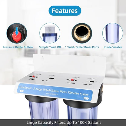 Geekpure 2 Stage Whole House Water Filter System with 10-Inch Big Clear Housing PP and Carbon Filters-1"NPT