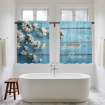 Farmhouse Wooden Grain Kitchen Curtains, Vintage Shabby Chic Flower Blue Light Filtering Window Curtain Panels, 2Pcs Rod Pocket Window Treatments Set for Study Room Bathroom Bedroom 52x54 Inches