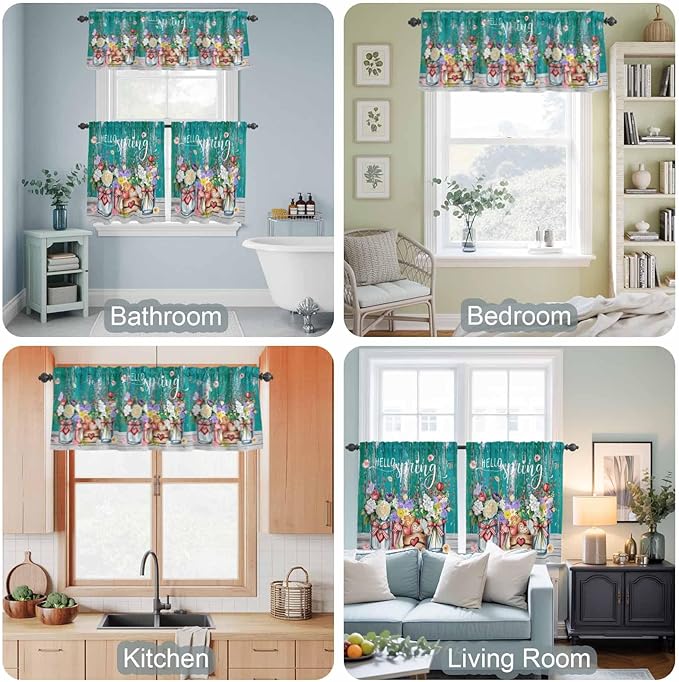 Spring Flowers Kitchen Curtain Set, Farmhouse Watercolor Teal Wood Grain Window Valance and Tiers 36" Length, Light Filtering Short Curtains Valance for Cafe Bathroom Bedroom 54"x18"