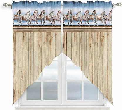 Western Horse Swag Valances for Windows, Farmhouse Wooden Grain Vintage Cowboy Barn Door Rod Pocket Kitchen Curtains Valance, Small Window Curtains Swag for Cafe Living Room, 2 Panels, 28x36 inch