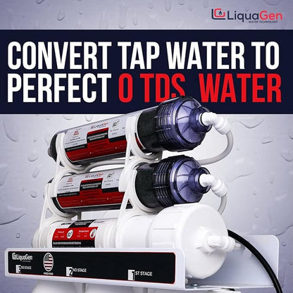 LiquaGen - 6 Stage Reverse Osmosis + Deionization (RO/DI) Water Filter System w/Glycerin Filled Pressure Gauge - 100 GPD | Under Sink Water Filter Machine for Aquarium Water Purification