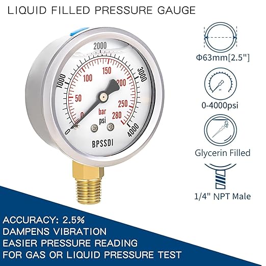0-4000 Psi Glycerin Liquid Filled Hydraulic High Pressure Gauge, 2.5" Dial Size, 1/4" NPT Lower Mount, 304 Stainless Steel Case, for Water Oil Air Gas Pressure Test