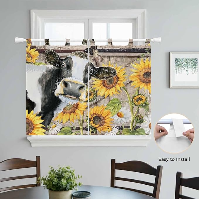 Retro Farmhouse Flower Kitchen Curtains 45 Inch Length, Short Cafe Window Curtains Tab Top, Yellow Sunflowers Cow Barn Doors Brown Light Filtering Window Treatments Tier Drapes 27.5"x45" 2 Panel