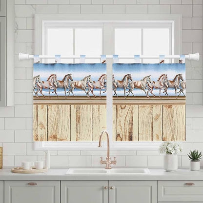 Western Horse Kitchen Curtains 24 Inch Length, Small Window Curtains Tab Top, Farmhouse Wooden Grain Vintage Cowboy Barn Door Light Filtering Short Window Treatments Tier Drapes 27.5"x24" 2 Panel