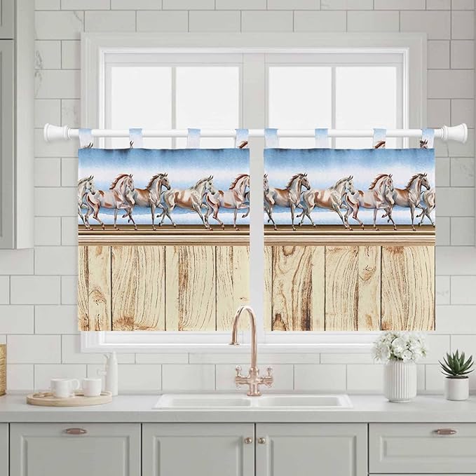Western Horse Kitchen Curtains 36 Inch Length, Small Window Curtains Tab Top, Farmhouse Wooden Grain Vintage Cowboy Barn Door Light Filtering Short Window Treatments Tier Drapes 27.5"x36" 2 Panel