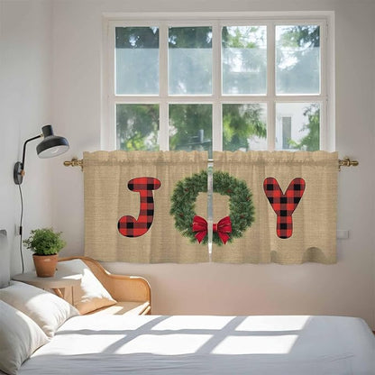 Red Green Christmas Kitchen Tier Curtains 24 Inch Long 2 Panel Set,Rod Pocket Cafe Small Window Curtains Over Sink,Xmas Botanical Winter Farmhouse Short Drapes for Bathroom Cabinet 27.5"W x 24"L