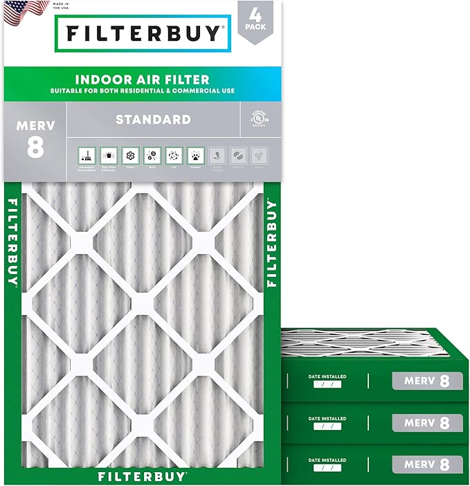 Filterbuy 18x30x2 Air Filter MERV 8 Essential Dust & Allergy Defense (4-Pack), Electrostatic Pleated HVAC AC Furnace Filters Replacement, Made in USA (Actual Size: 17.50 x 29.50 x 1.75)
