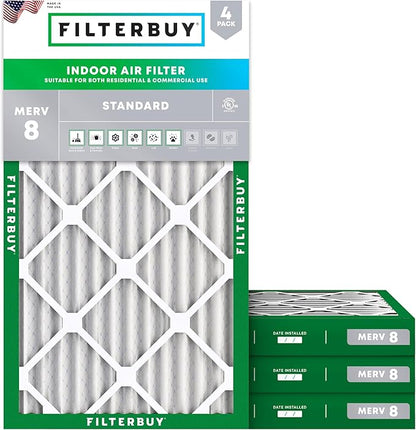 Filterbuy 10x20x2 Air Filter MERV 8 Essential Dust & Allergy Defense (4-Pack), Electrostatic Pleated HVAC AC Furnace Filters Replacement, Made in USA (Actual Size: 9.50 x 19.50 x 1.75)