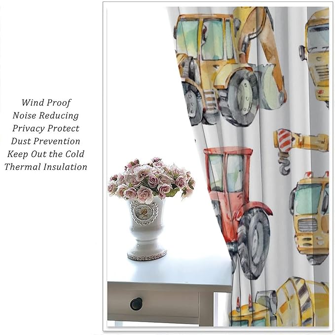 Kids Excavator Curtains, Retro Truck Tractor Machinery Construction Vehicle Crane Digger Mixer Rod Pocket Decorative Windows Curtain for Teens Girls Boys Room 52x84in (30% Blackout)