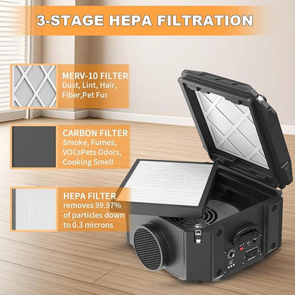 M-T Air Scrubber with 3 Stage Filtration, Stackable Negative Air Machine Cleaner 550 CFM for Industrial and Commercial Water Damage Restoration Air Scrubber with MERV-10, HEPA, Activated Carbon Filter