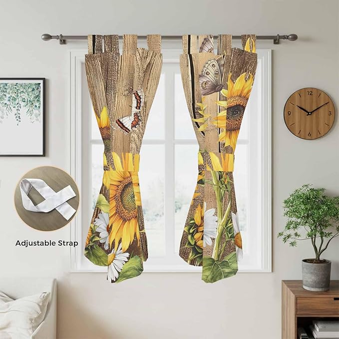 Farmhouse Sunflowers Bedroom Curtains 72 Inch Length, Window Curtains Tab Top, Rustic Floral Buttterfly Wood Board Brown Light Filtering Window Treatments Drapes 52"x72" 2 Panel