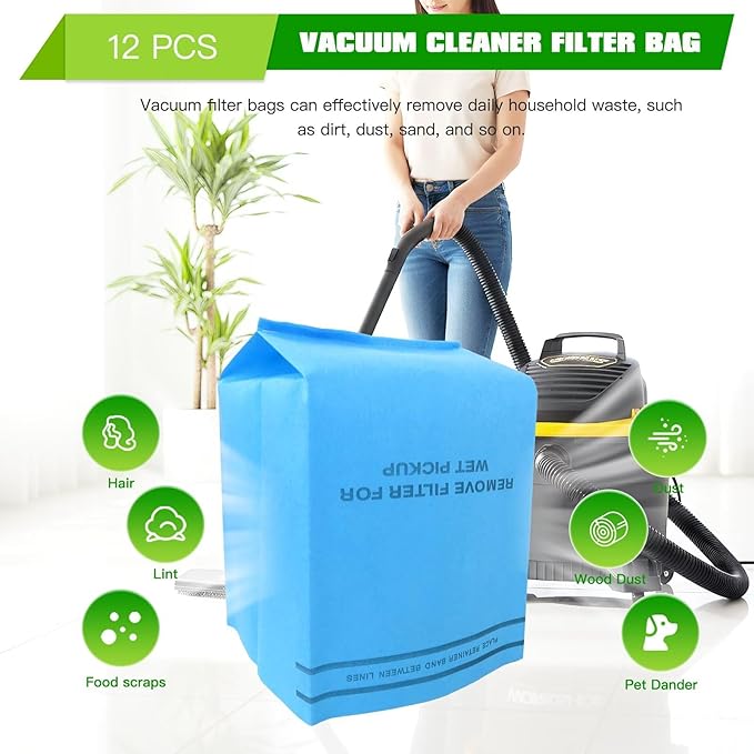 12 Pack Wet Dry Filter Bags Compatible for WORKSHOP WS01025F2, for Craftsman 9-38737, for MultiFit VF2000, Select 2-1/2 to 5-Gallon for Shop Vac Vacuum Stinger Craftsman Husky