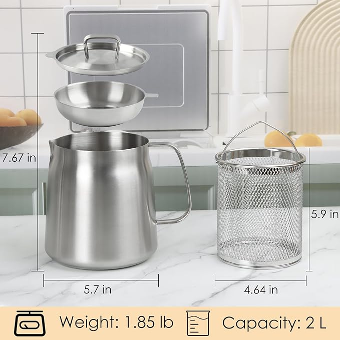 68oz 304 Stainless Steel Oil Filter Pot, Heavy Duty Bacon Grease Container & Deep Fryer Basket, Large Capacity Multi-function Oil Filter Vessel with Strainer for Kitchen Storing Frying Cooking Grease