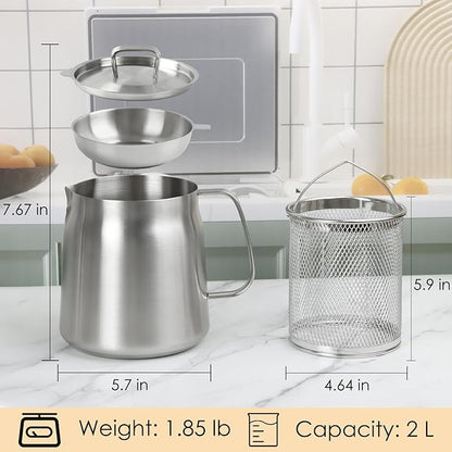 68oz 304 Stainless Steel Oil Filter Pot, Heavy Duty Bacon Grease Container & Deep Fryer Basket, Large Capacity Multi-function Oil Filter Vessel with Strainer for Kitchen Storing Frying Cooking Grease
