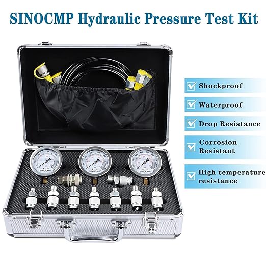 SINOCMP Hydraulic Pressure Test Kit with 3 Gauges 25/40/60 Mpa, 9 Couplings, 3 Test Hoses, Hydraulic Gauge Tester Set for Excavator Construction Machinery