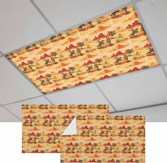 Tropical Plant Cactus Fluorescent Light Covers 2 Pack Western Cowboy Horse Sunset Desert Ethnic Magnetic Fluorescent Ceiling Lights Filters for Office Classroom Home Drop Ceiling 4x2 Feet