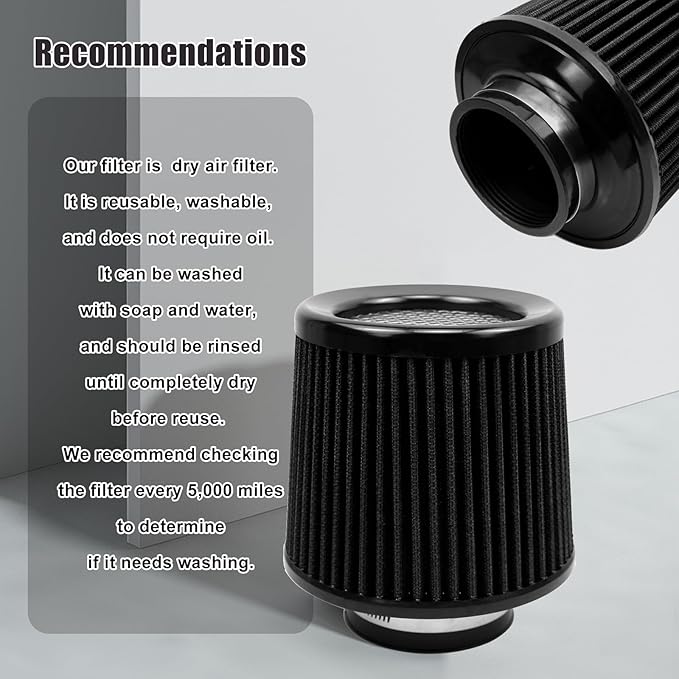 RYANSTAR 76mm 3" High Flow Round Tapered Cone Cool Air Filter Cleaner with Top Filter Design Short 163mm tall Black