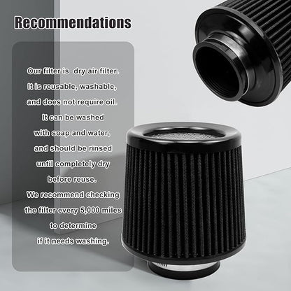 RYANSTAR 76mm 3" High Flow Round Tapered Cone Cool Air Filter Cleaner with Top Filter Design Short 163mm tall Black