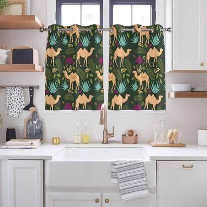 2 Panel Kitchen Cafe Curtains, Retro Desert Camel Sunlight Filtering Nature Air Through, Home Decor Window Covering Tier Curtains for Bedroom Living Room Tropical Animal Aloe Vera Leaves Dark Green