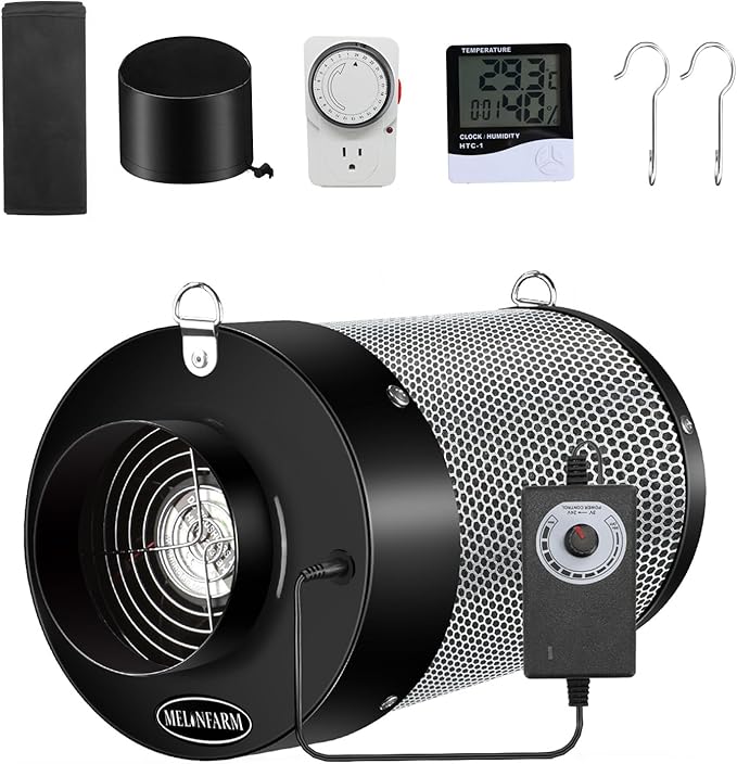 MELONFARM 4 inch Air Carbon Filter Smelliness Control with Australia Virgin Charcoal, Built-in 14cm Fan Low Nois and Speed Controller, Smelliness Scrubber for Inline Duct Fan, Grow Tent 4" x 12.6"
