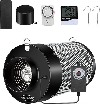 MELONFARM 4 inch Air Carbon Filter Smelliness Control with Australia Virgin Charcoal, Built-in 14cm Fan Low Nois and Speed Controller, Smelliness Scrubber for Inline Duct Fan, Grow Tent 4" x 12.6"