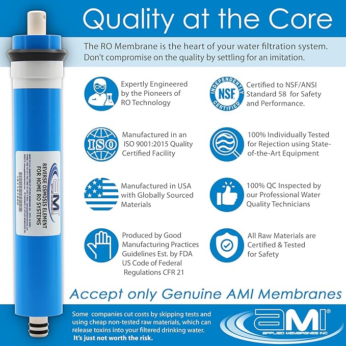 APPLIED MEMBRANES INC. 50 GPD Reverse Osmosis Membrane | RO Membrane Water Filter Replacement for Reverse Osmosis Water Filtration System | 1.8" x 12" Universal Compatibility, Pack of 5