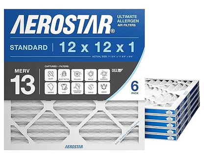 Aerostar 12x12x1 MERV 13 Air Filter, 6 Count, ACTUAL SIZE (11.75 x 11.75 x 0.75 ), HVAC, Air Conditioning & Furnace Filter for Allergies, Dust, Pet Dander & Smoke (MPR 1500 / FPR 10), Made in USA