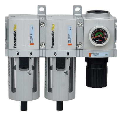PneumaticPlus PPC3C-N02G Compressed Air Drying System- Particulate Air Filter, Coalescing Filter & Air Pressure Regulator Combo 1/4" NPT (High Flow), Poly Bowl with Guard, Manual Drain