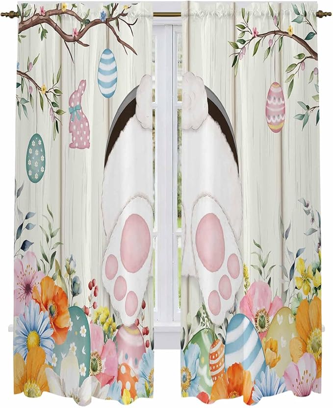 Easter Window Curtains 72 Inch Long 2 Panel Set,Rod Pocket Long Curtains & Drapes,Spring Farmhouse Watercolor Bunny Eggs Wood Grain Light Filtering Window Treatment for Bedroom Living Room 52"W x 72"L