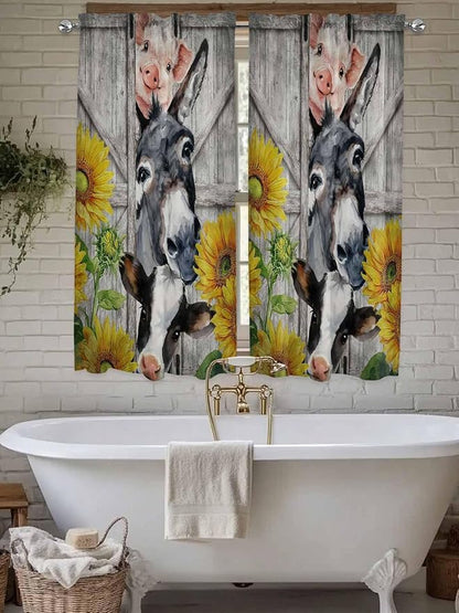 Farmhouse Bedroom Curtains 63 Inches length, Vintage Sunflowers Animals Printed Wood Grain Window Treatment Curtain Drapes, Rod Pocket Curtain Panels for Living Room Kitchen, 42"x63", 2 Panels