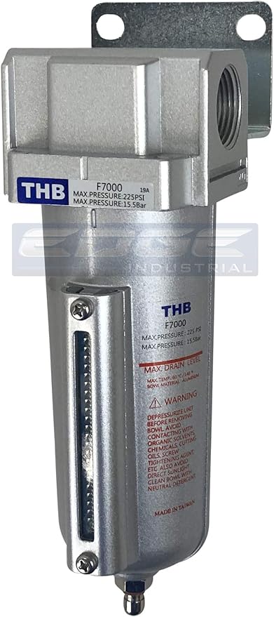 HEAVY DUTY INDUSTRIAL RATED HIGH FLOW PARTICULATE FILTER, IN-LINE WATER TRAP FOR COMPRESSED AIR LINE SYSTEMS, 5 MICRON WITH METAL BOWL (1/2" NPT, 5oz)