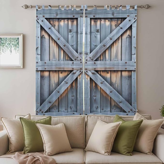 Farmhouse Wood Grain Living Room Curtains 96 Inch Length, Window Curtains Tab Top, Vintage Country Barn Gate Textured Light Filtering Window Treatments Drapes 52"x96" 2 Panel